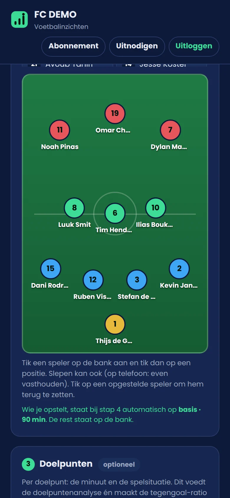 Opstelling invoeren op het veld in de app